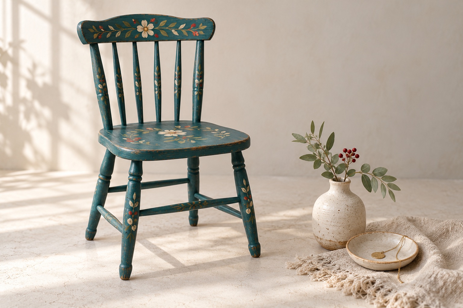 Illustrative still life of a teal painted chair, ceramic vase and necklace